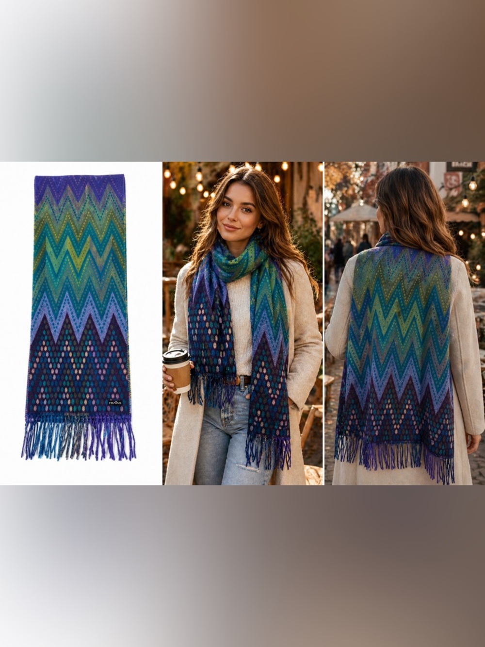 Fraas Cashmink Scarf Chevron Ombre Fringe Wrap Blue Green Soft Cozy Winter Shawl